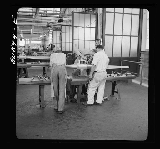 Untitled photo, possibly related to: Final adjustment on finished propeller. Hamilton propeller plant, East Hartford, Connecticut