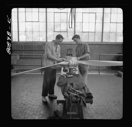 Final adjustment on finished propeller. Hamilton propeller plant, East Hartford, Connecticut