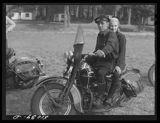 Members of a motorcycle troup out to enjoy the fall coloring along the Mohawk Trail through the Berkshires. Massachusetts