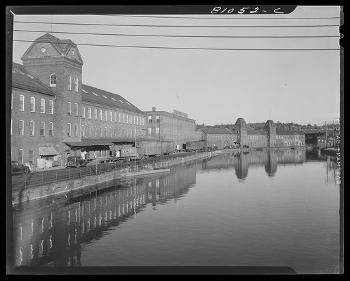 Canals run in a half circle through the mill area at Holyoke, Massachusetts