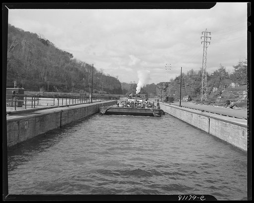 Oil barge entering lock seventeen. Little Falls, New York