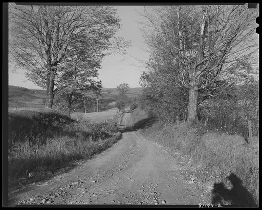 Little Falls (vicinity), New York, road leading down to the Mohawk River Valley and Little Falls from the farm yard of the Daxtater dairy farm