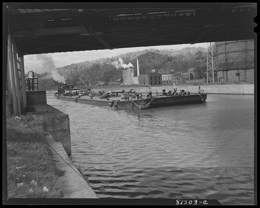 Oil barge nearing Lock Seventeen. Little Falls, New York