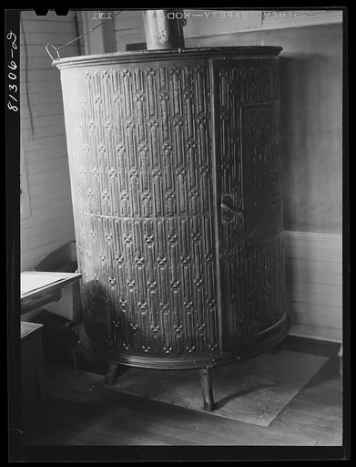 Stove in one-room schoolhouse. Savoy Mountains area, Massachusetts