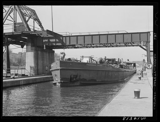 Oil carrier powered by diesel engine enters Lock Eleven. Amsterdam, New York