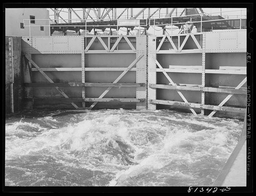 Water pouring into lock. Lock Eleven, Amsterdam, New York