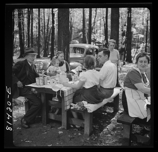 Picnic party from the mill towns enjoys the autumn foliage along the Mohawk Trail in Massachusetts. State-owned park