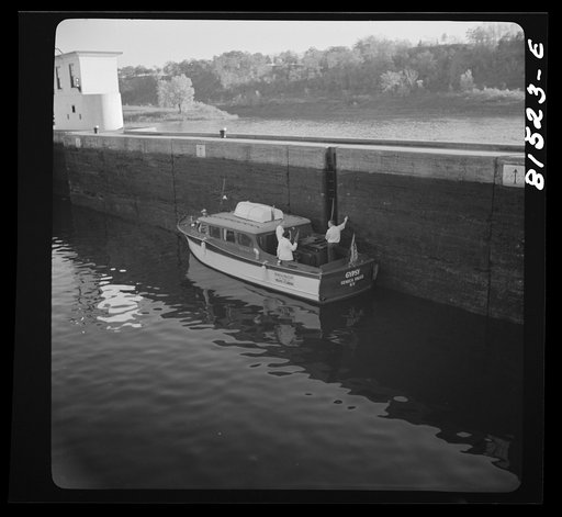Yacht passing through Lock Eleven. Erie Canal, New York