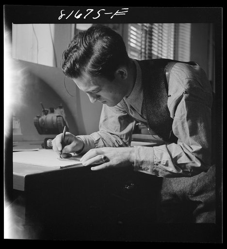 Untitled photo, possibly related to: Washington, D.C. Preparing the defense bond sales photomural, to be installed in the Grand Central terminal, New York, in the visual unit of the FSA (Farm Security Administration). Milton Tinsley mounting part of the dummy