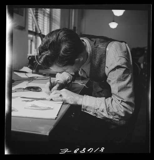 Untitled photo, possibly related to: Washington, D.C. Preparing the defense bond sales photomural, to be installed in the Grand Central terminal, New York, in the visual unit of the FSA (Farm Security Administration). Milton Tinsley mounting part of the dummy