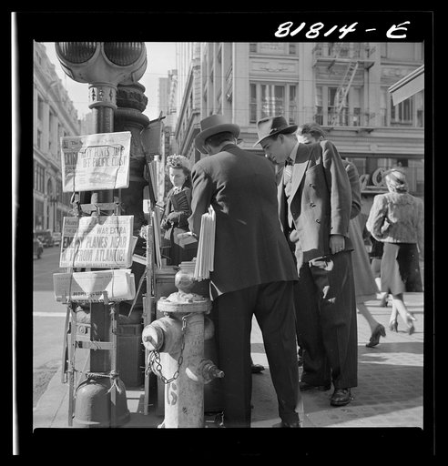 Corner of Montgomery and Market Streets, Monday morning, December 8, 1941, after Japanese attack on Pearl Harbor. San Francisco, California