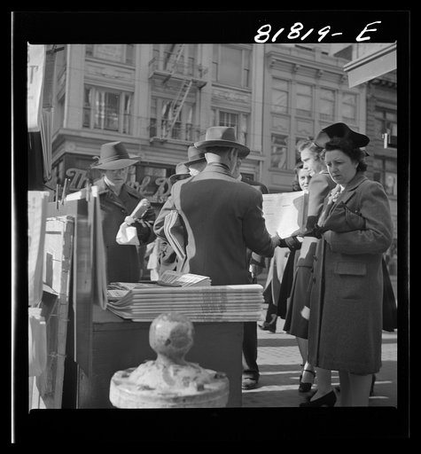 Untitled photo, possibly related to: Corner of Montgomery and Market Streets, Monday morning, after Japanese attack on Pearl Harbor. San Francisco, California