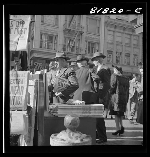 Untitled photo, possibly related to: Corner of Montgomery and Market Streets, Monday morning, after Japanese attack on Pearl Harbor. San Francisco, California