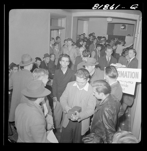 Men waiting to enlist at recruiting headquarters in San Francisco, California