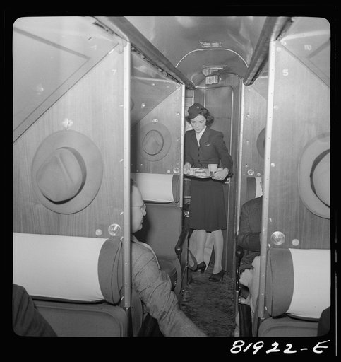 Stewardess serving dinner aboard an American airliner enroute from Washington to Los Angeles