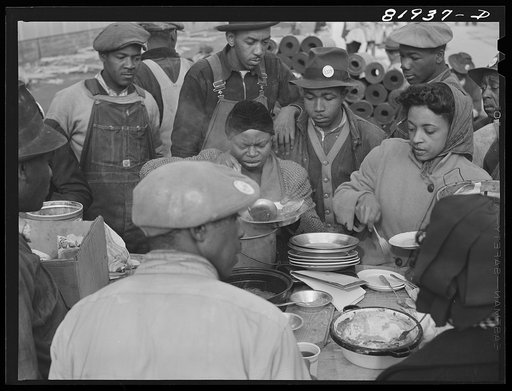 Untitled photo, possibly related to: Lunchtime on emergency defense office housing construction job. Washington, D.C.
