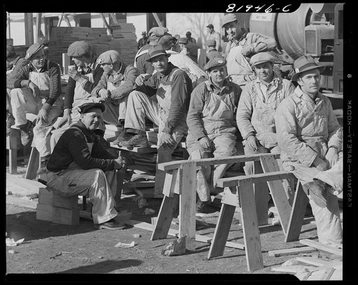 Untitled photo, possibly related to: Lunchtime on emergency defense office housing construction job. Washington, D.C.
