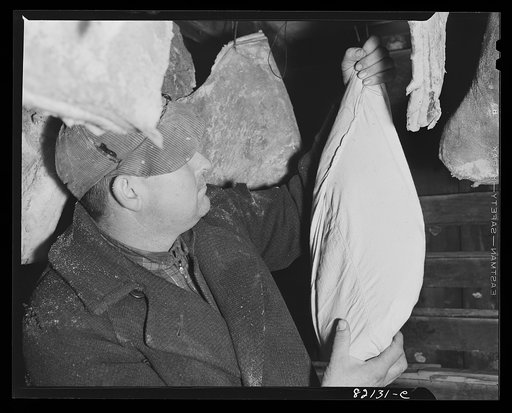 Untitled photo, possibly related to: FSA (Farm Security Administration) client hanging meat after properly wrapping for sanitary food storage. Calvert County, Maryland