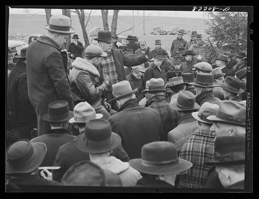 Untitled photo, possibly related to: Lancaster County, Pennsylvania. Amish, Mennonite, and Pennsylvania Dutch farmers all came to this farm auction so that the auctioneer ran the bidding in "Deutsch" as well as English
