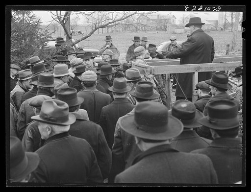 Untitled photo, possibly related to: Lancaster County, Pennsylvania. Auctioneer starts bids on machinery