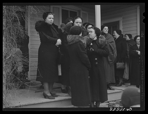 Untitled photo, possibly related to: Lancaster County, Pennsylvania. Amish and Mennonite women at farm auction
