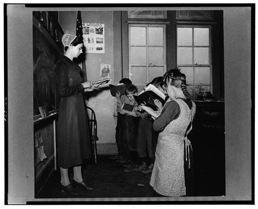 Lancaster County, Pennsylvania. Mennonite school teacher with class of Amish, Mennonite, and Pennsylvania Dutch children