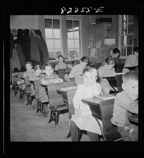 Untitled photo, possibly related to: Lancaster County, Pennsylvania. Student in Lancaster County Mennonite public school where Amish, Mennonite and Pennsylvania Dutch children attend this eight grade, one-room schoolhouse