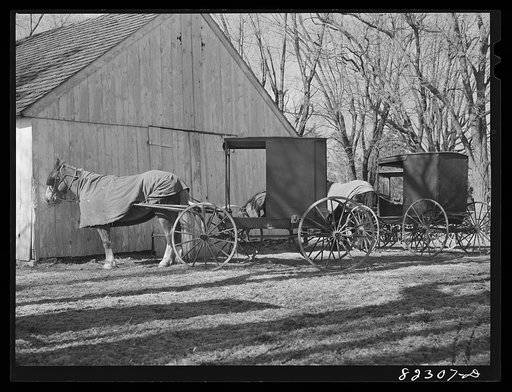 Hinkletown, Pennsylvania (vicinity). Mennonite wagons outside church