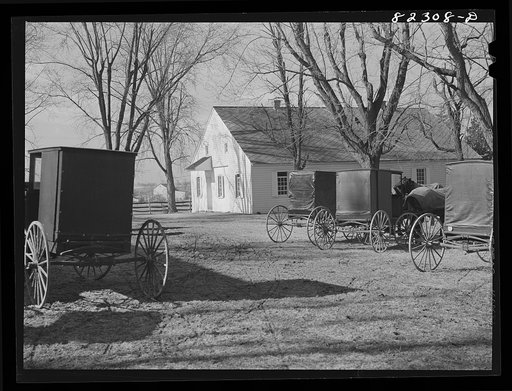 Hinkletown, Pennsylvania (vicinity). Mennonite wagons outside church