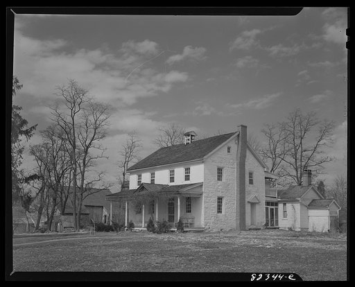 Untitled photo, possibly related to: Ephrata, Pennsylvania (vicinity). Fry homestead, which has been in the family for seven generations. Note hex sign by chimney