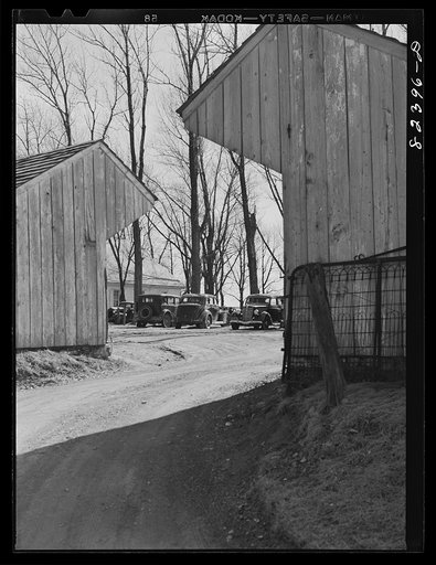 Blue Ball, Pennsylvania (vicinity). "Car Mennonites" automobiles parked in dooryard of church