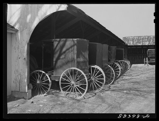 Untitled hoto, possibly related to: Hinkletown, Pennsylvania (vicinity). Carriages standing under shed outside Mennonite church
