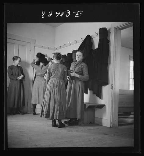Hinkletown, Pennsylvania (vicinity). Mennonite girls waiting for "Deutsch school" to begin in Mennonite church