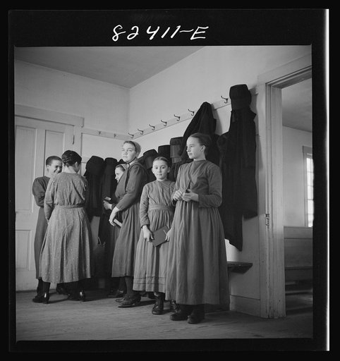 Hinkletown, Pennsylvania (vicinity). Mennonite girls waiting to enter "Deutsch school"