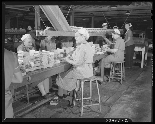 Untitled photo, possibly related to: Bridgeton, New Jersey. Seabrook Farm. Packing beans for Birds Eye quick freezing