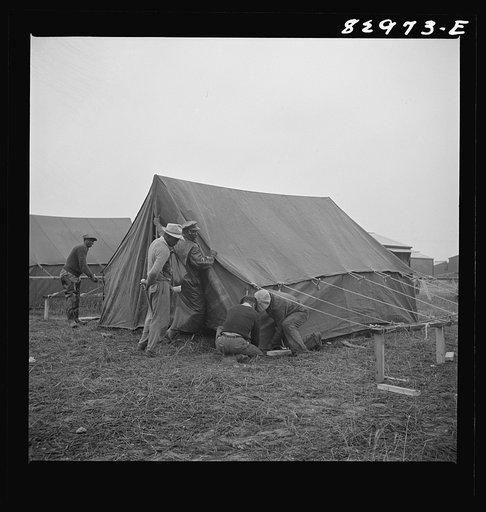 Untitled photo, possibly related to: Bridgeton, New Jersey. FSA (Farm Security Administration) agricultural workers' camp. Setting up tents
