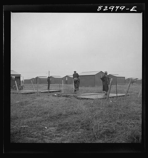 Untitled photo, possibly related to: Bridgeton, New Jersey. FSA (Farm Security Administration) agricultural workers' camp. Driving tent stakes