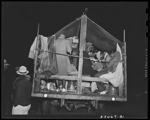 Bridgeton, New Jersey. FSA (Farm Security Administration) agricultural workers' camp. This truckload of Florida migrants had been on the way three days and three nights. It was raining much of the time, and one woman contracted pleurisy. The trip cost each person about eight dollars. They arrived at