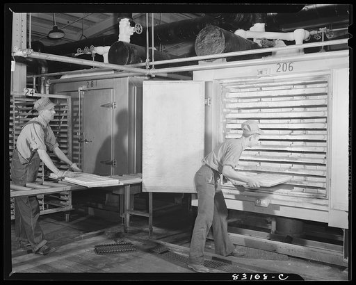 Bridgeton, New Jersey. Seabrook Farm. Packed string beans being put into quick freezer