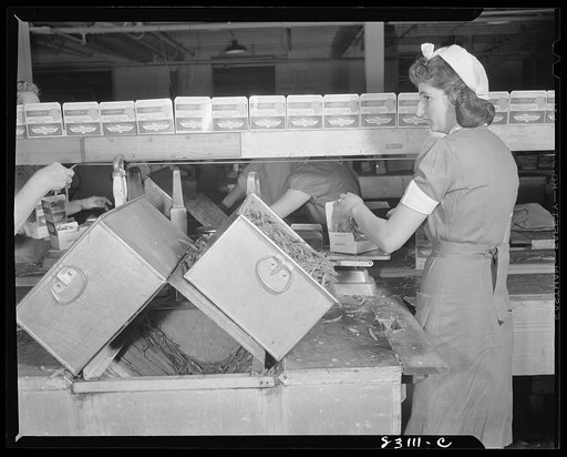Untitled photo, possibly related to: Bridgeton, New Jersey. Seabrook Farm. Packing Birds Eye frozen foods