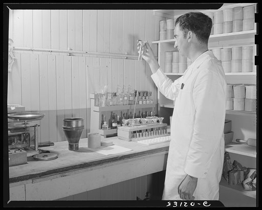 Bridgeton, New Jersey. Seabrook Farm. A chemist making a soil test in the plant laboratory