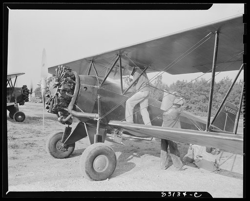 Bridgeton, New Jersey. Seabrook Farm. Dusting with an airplane. Dust or insecticide is spread by low flying planes onto crops to control various insect pests