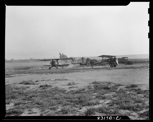 Bridgeton, New Jersey. Seabrook Farm. Dusting planes. Dust or insecticide is spread by low flying planes onto crops to control various insect pests