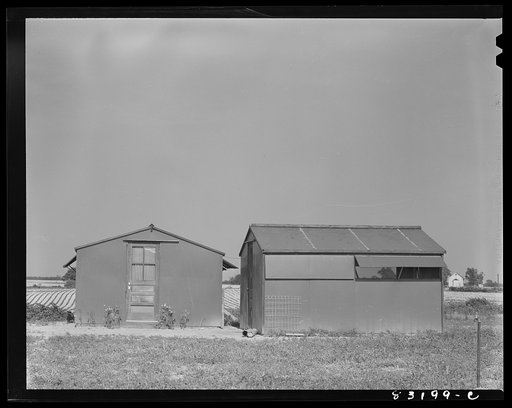 Bridgeton, New Jersey. FSA (Farm Security Administration) agricultural workers' camp. The temporary shelters are constructed of materials not restricted by war-time priority regulations, and are fastened together by joints and wooden pegs. The walls and roof are made of Masonite