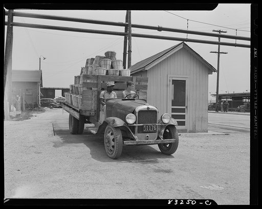 Bridgeton, New Jersey. Seabrook Farm. Truck coming off the scales at the packing plant
