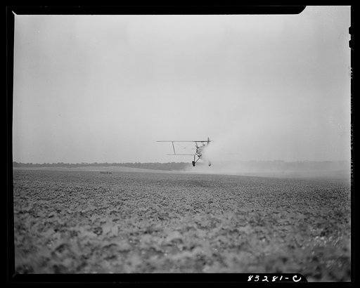 Untitled photo, possibly related to: Bridgeton, New Jersey. Seabrook Farm. Dusting by airplane. Dust or insecticide is spread by low flying planes onto crops to control various insect pest