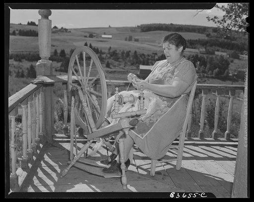 Fort Kent, Maine (vicinity). Wife of Albert [Leonard] Gagnon, Acadian FSA (Farm Security Administration) client, spinning domestic wool for knitting