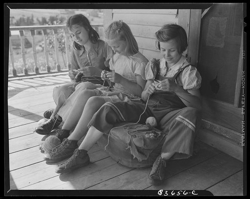 Fort Kent, Maine. (vicinity). Albert [i.e. Leonard] Gagnon's daughter knitting