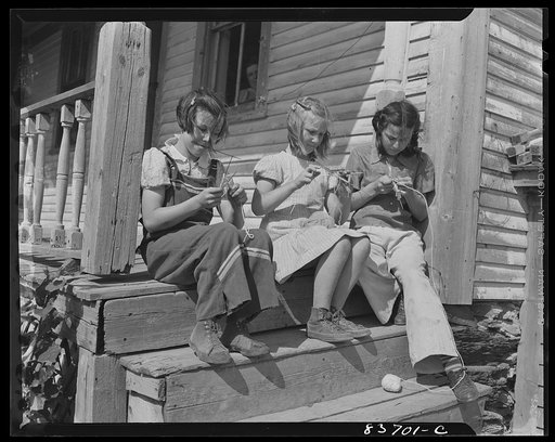 Fort Kent, Maine (vicinity). Three of [Leonard] Gagnon's daughters knitting