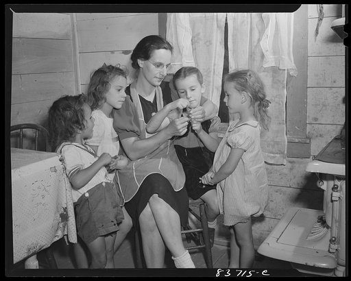 Fort Kent, Maine (vicinity). Daughters of the industrious Acadian farmers learn to knit as soon as they learn to walk